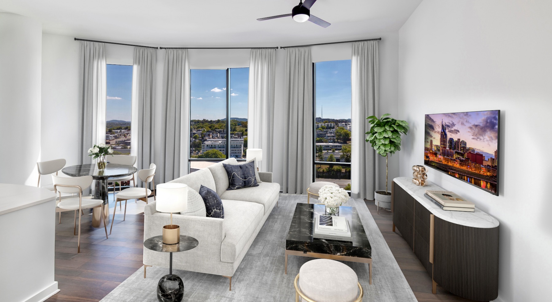 Penthouse Living/Kitchen Area With Wrap-Around Windows