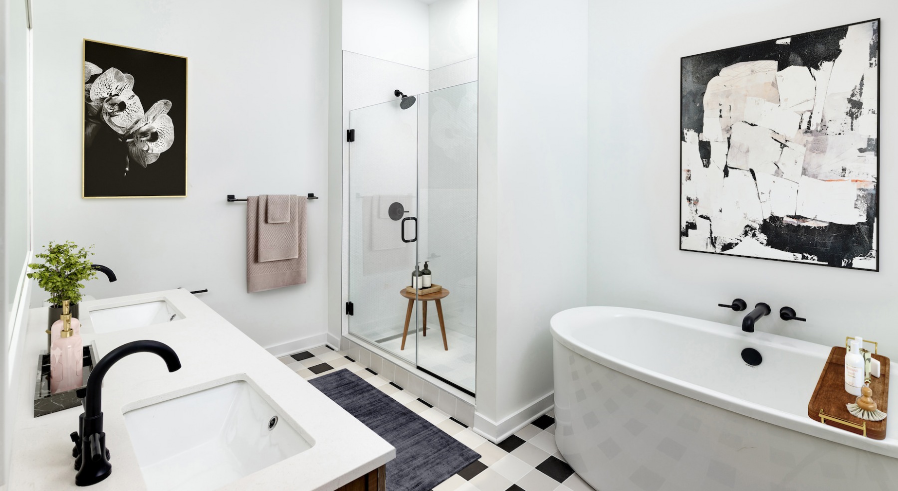 Penthouse Bathroom with Walk-in Tiled Shower and Soaking Garden Tub