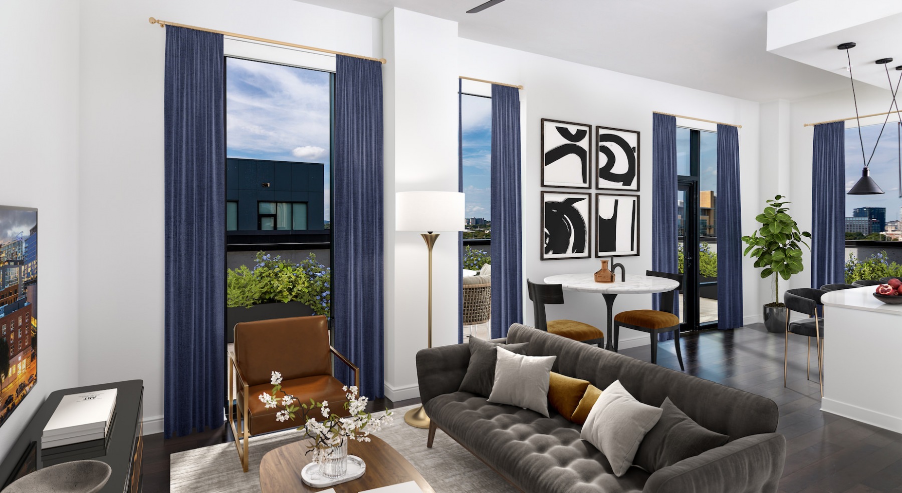 Penthouse Living Room with Expansive Balcony