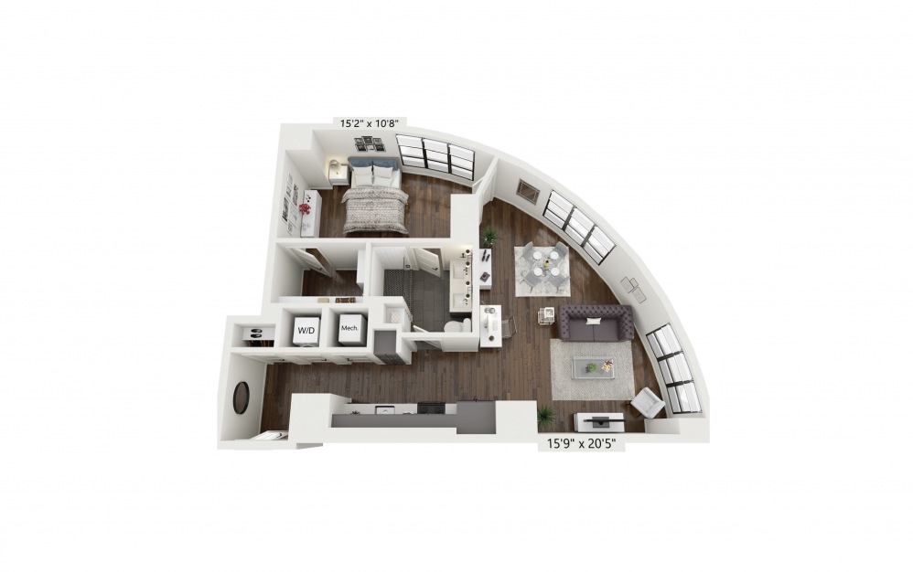A24 - 1 bedroom floorplan layout with 1 bath and 907 square feet.