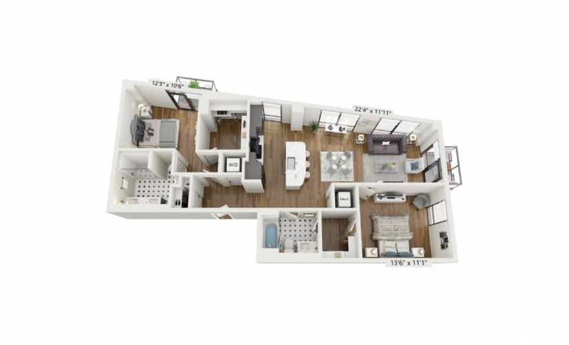 PH-B2 - 2 bedroom floorplan layout with 2 baths and 1266 square feet.