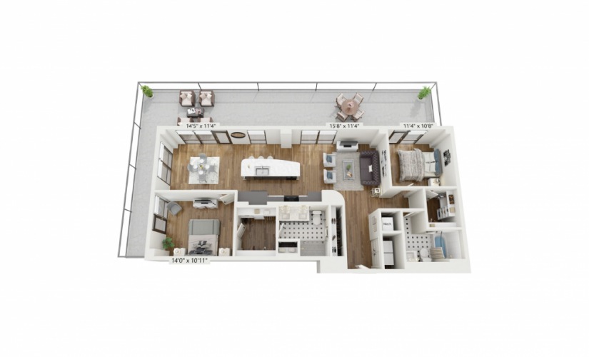 PH-B7 - 2 bedroom floorplan layout with 2 baths and 1328 square feet.