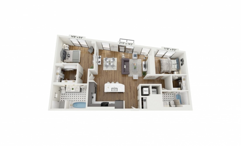 PH-B3 - 2 bedroom floorplan layout with 2 baths and 1300 square feet.
