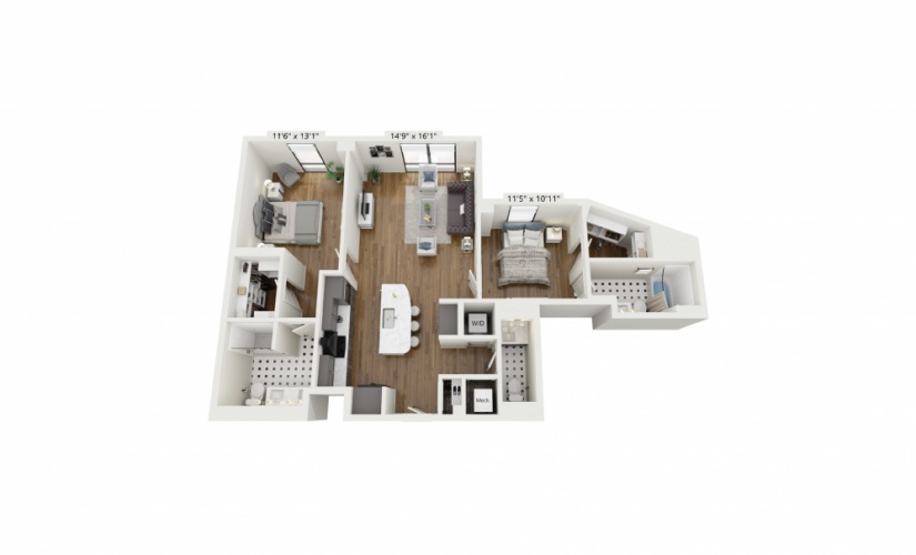 PH-B1 - 2 bedroom floorplan layout with 2.5 baths and 1209 square feet.