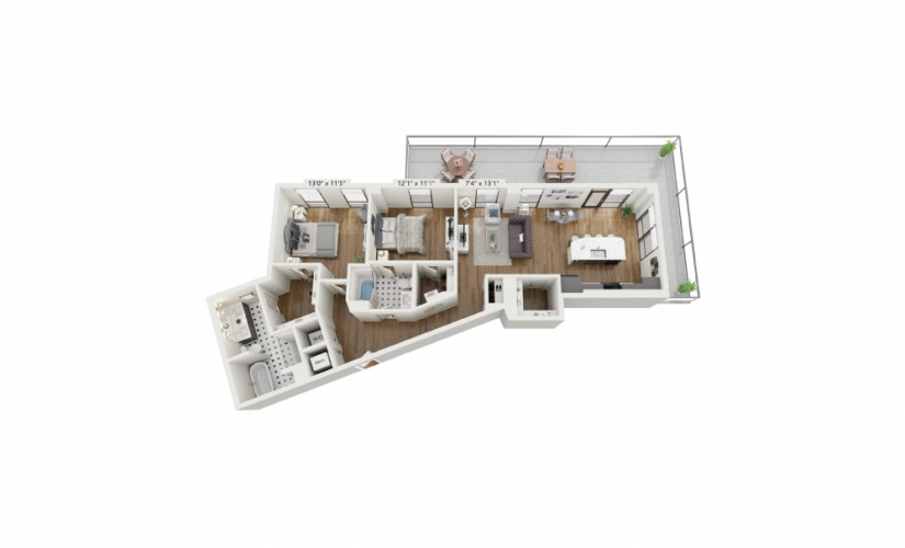 PH-B4 - 2 bedroom floorplan layout with 2 baths and 1301 square feet.