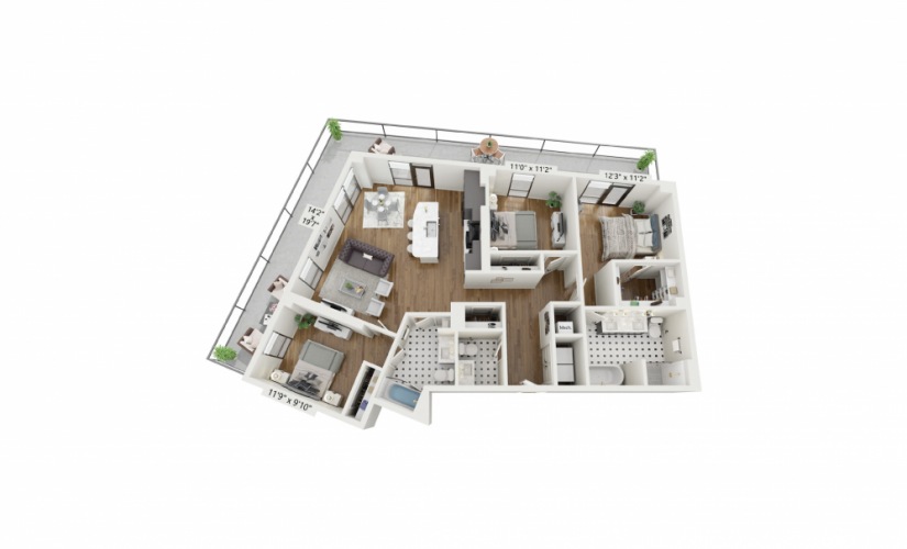 PH-C1 - 3 bedroom floorplan layout with 2 baths and 1428 square feet.