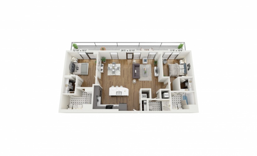 PH-B5 - 2 bedroom floorplan layout with 2.5 baths and 1301 square feet.