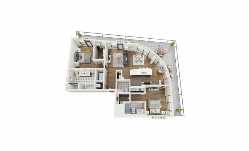 PH-B9 - 2 bedroom floorplan layout with 2.5 baths and 1372 square feet.