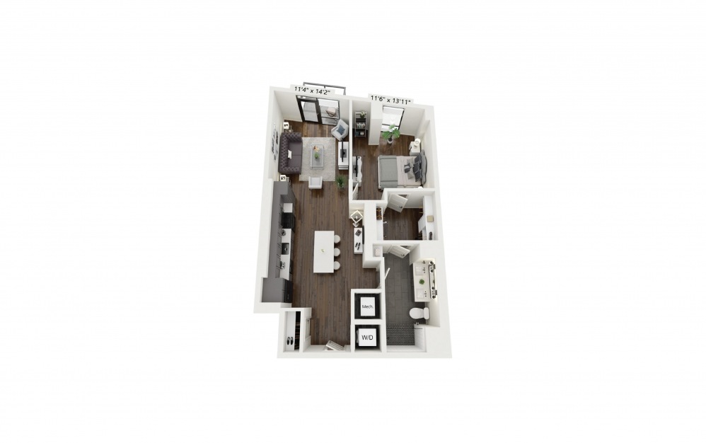 A22 - 1 bedroom floorplan layout with 1 bath and 852 square feet.