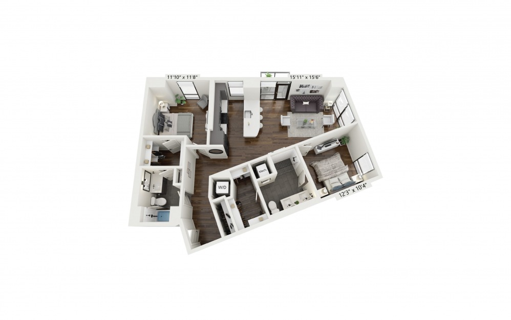 B2 - 2 bedroom floorplan layout with 2 baths and 1133 square feet.